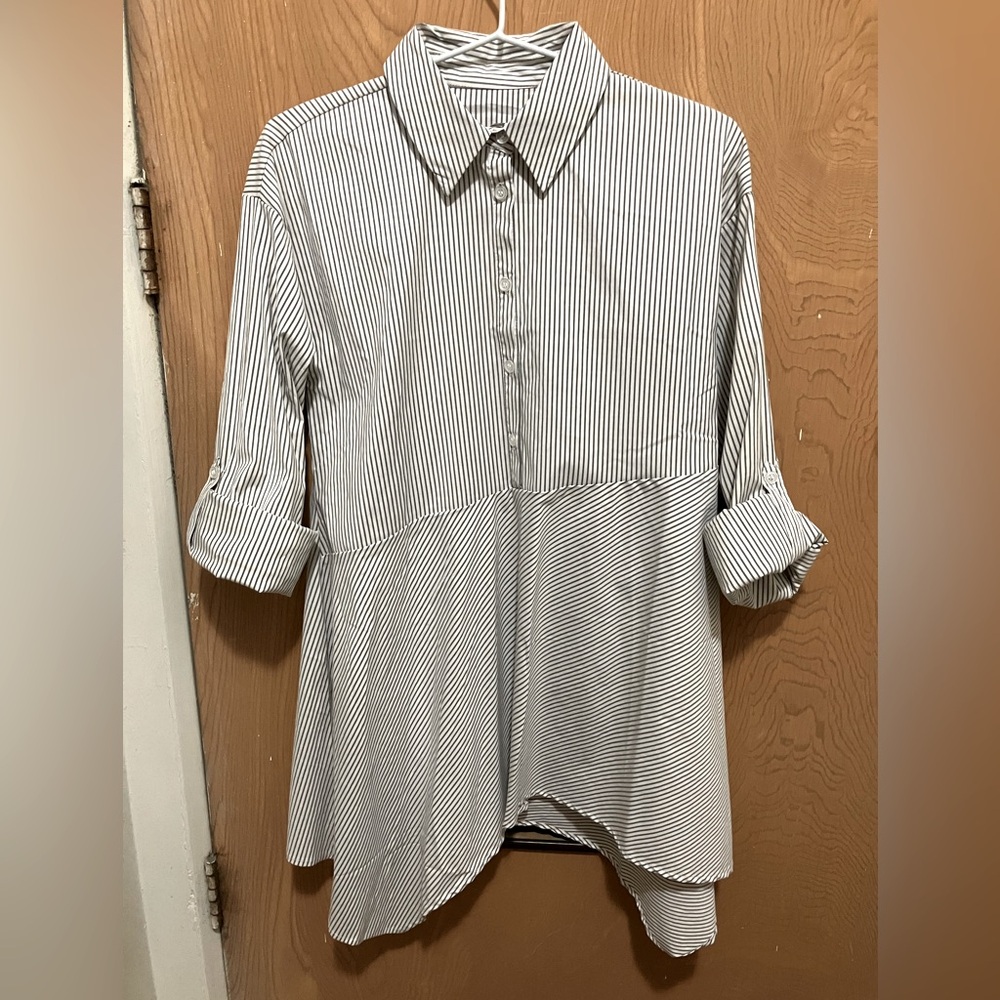 Collared, half-button up, asymmetrical, women’s striped tunic